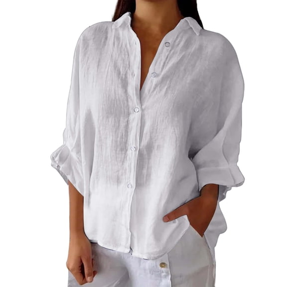 TODOZO Linen Button Down Shirt Women Casual Cotton Blouse Loose Fit Work Gauze Tops Women’S Retro Button Down Short Sleeve Shirt with Ruffled Sleeves – Soft Linen Like Fabric Regular Fit Easy