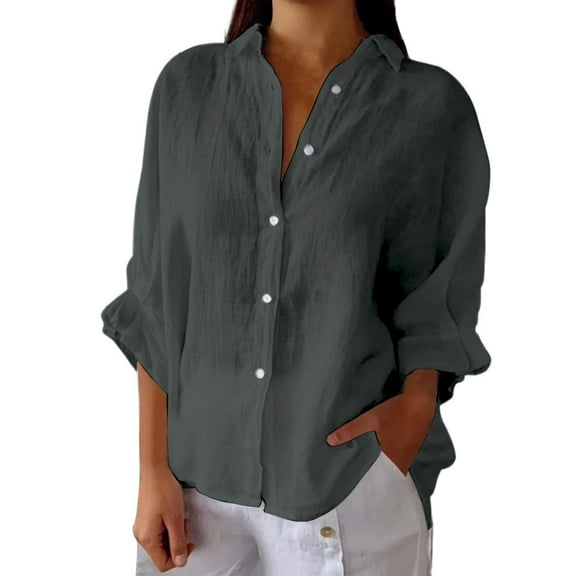 TODOZO Linen Button Down Shirt Women Casual Cotton Blouse Loose Fit Work Gauze Tops Women’S Retro Button Down Short Sleeve Shirt with Ruffled Sleeves – Soft Linen Like Fabric Regular Fit Easy