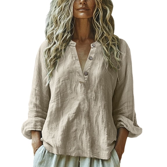 TODOZO Linen Button Down Shirt Women Casual Long Sleeve Cotton Blouse Loose Fit Collared Work Gauze Tops Linen Clothes for Women 2025 Solid Color Button Casual Cotton Linen Shirt New Popular Shirt