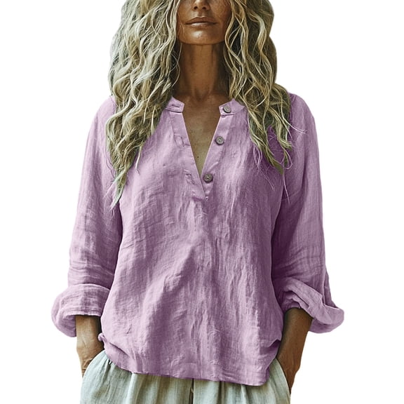 TODOZO Linen Button Down Shirt Women Casual Long Sleeve Cotton Blouse Loose Fit Collared Work Gauze Tops Linen Clothes for Women 2025 Solid Color Button Casual Cotton Linen Shirt New Popular Shirt