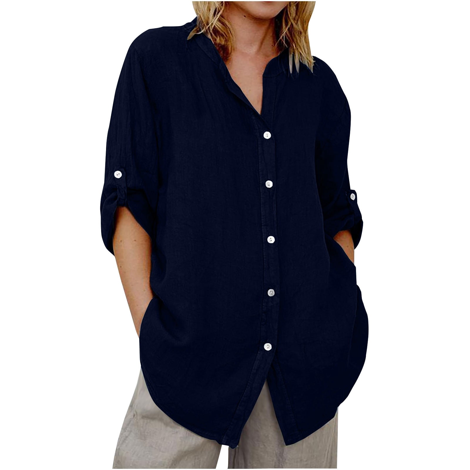 TODOZO Linen Button Down Shirt Women Casual Long Sleeve Cotton Blouse ...