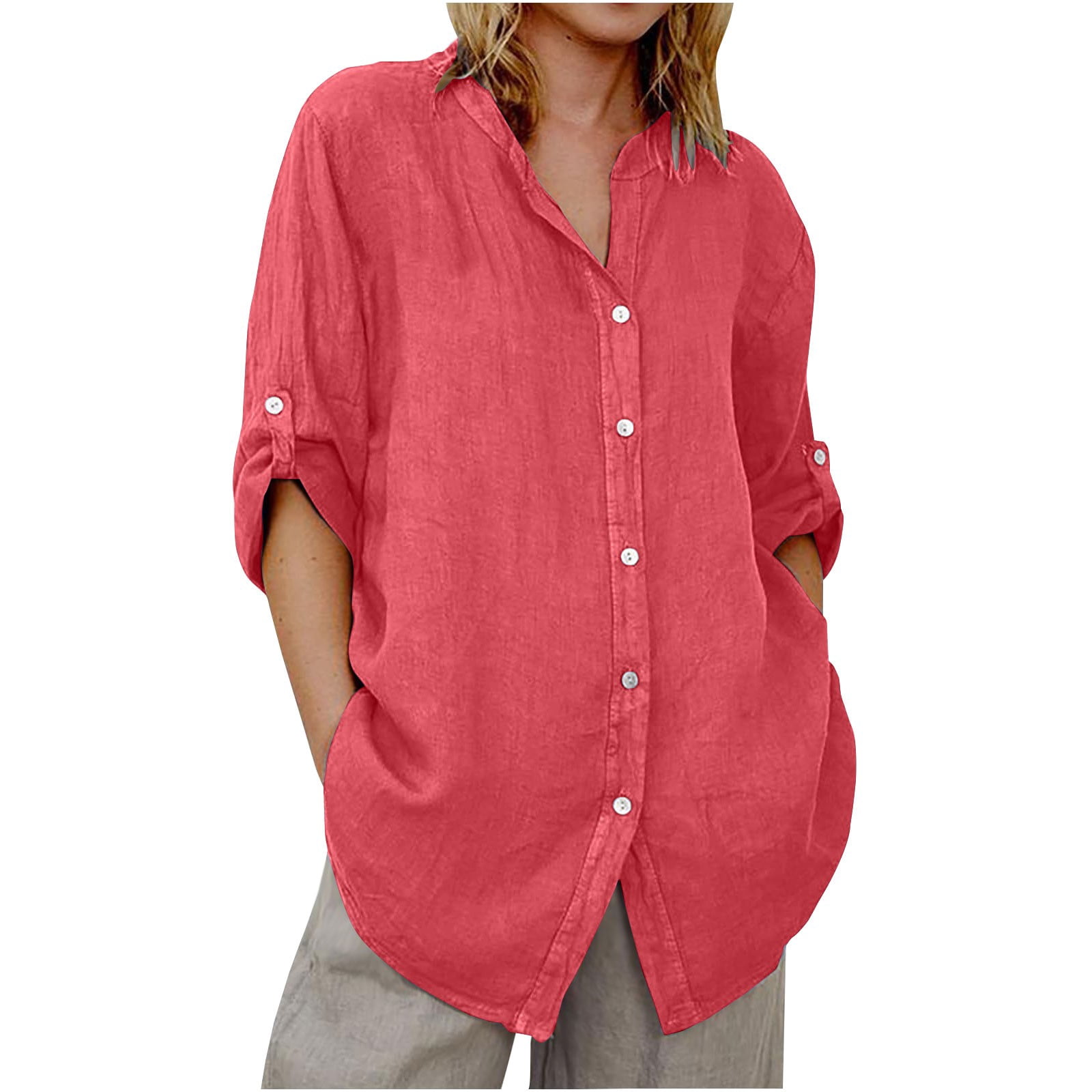 TODOZO Linen Button Down Shirt Women Casual Long Sleeve Cotton Blouse ...