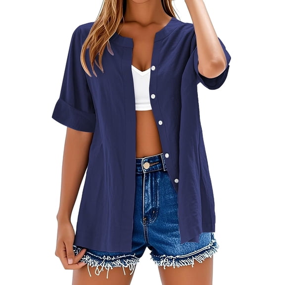 TODOZO Linen Button Down Shirt Women Short Sleeve Cotton Gauze Tops Casual Collared Blouses Loose Fit Womens Summer Tops for Women Trendy Casual Button V Neck Tunic Blouses