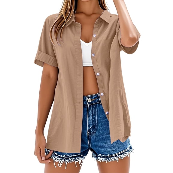TODOZO Linen Button Down Shirt Women Short Sleeve Cotton Gauze Tops Casual Collared Blouses Loose Fit Womens Summer Tops for Women Trendy Casual Button V Neck Tunic Blouses