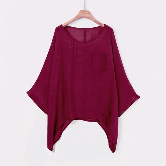TODOZO Linen Cotton Summer Tops for Women 3/4 Batwing Sleeve Crewneck Loose Shirt Solid Color Gauze Casual Pullover Tunic Top Linen Blouses for Women Summer 2025 Clothing Wine L