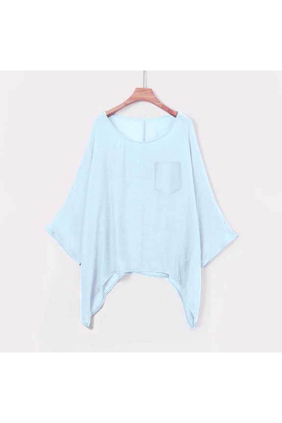 Linen Cotton Summer Tops for Women 3/4 Batwing Sleeve Crewneck Loose Shirt Solid Color Gauze Casual Pullover Tunic Top Linen Blouses for Women Summer 2025 Clothing Light Blue Xxl