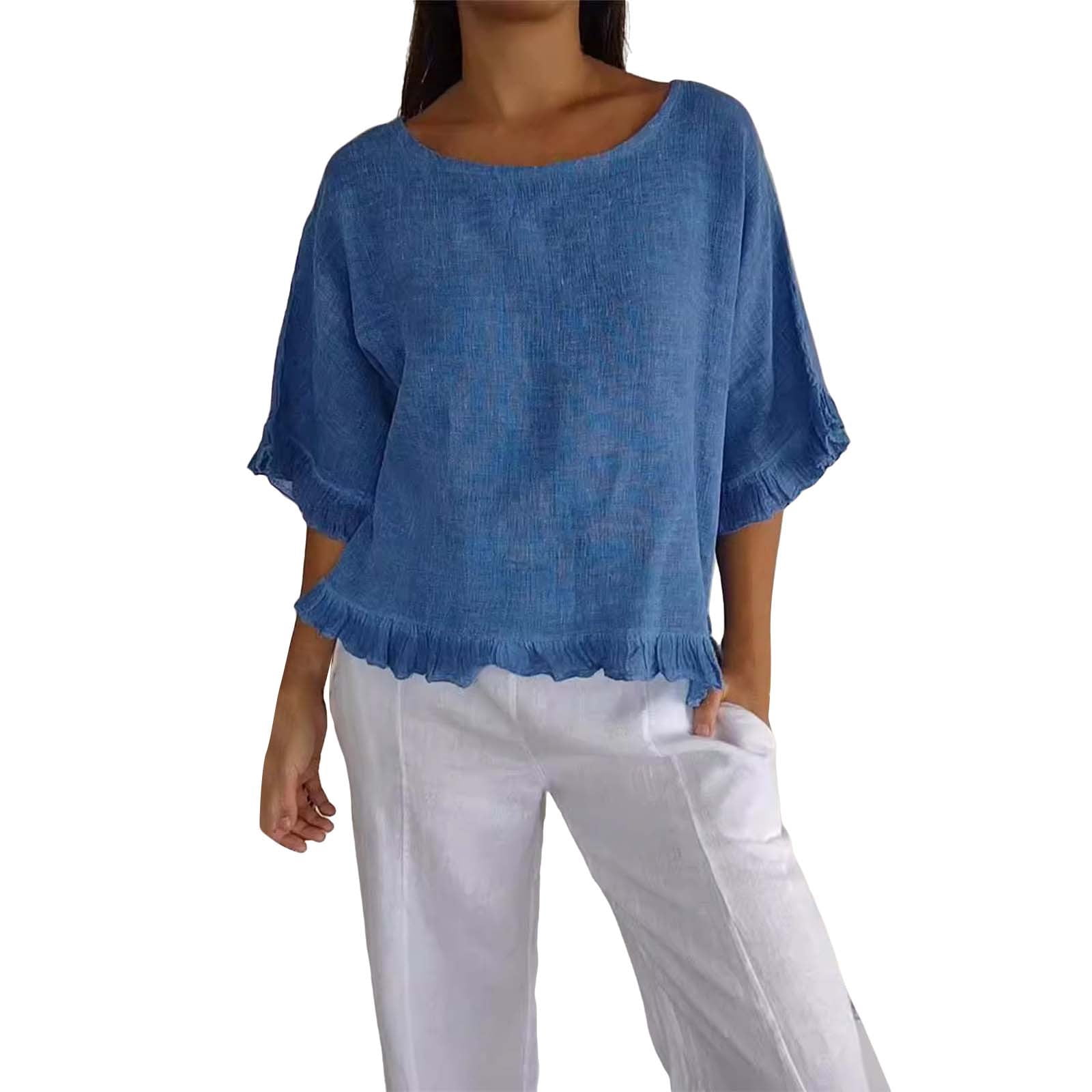 TODOZO Linen Shirts for Women 2025 Crew Neck Summer Short Sleeve Button ...