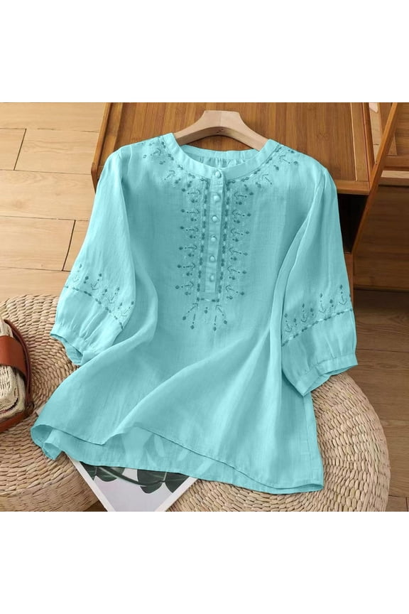 Linen Shirts for Women Retro Embroidered 3/4 Sleeve Boho Tops Summer Tshirts Cotton Linen Tops Bohemian Tops Work Tees Summer Gauze Shirts Lightweight Pullover Shirt Elbow Sleeve Xxl