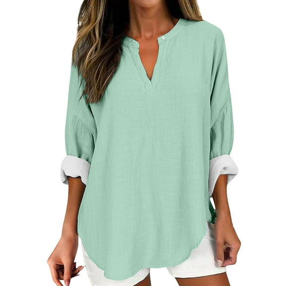 TODOZO Linen Shirts for Women Summer Tops for Women Linen Clothes for Women 2025 Women Long Sleeve Solid Color Tops Spring Trendy Plus Size Boho Shirts Blouses Tops Mint Green L
