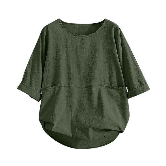 TODOZO Linen Shirts for Women Summer Tops for Women Linen Clothes for Women 2025 Womens Tops Casual Loose Fit Linen Shirt Women Boho Pleated Summer Shirts 3/4 Sleeve Round Neck Blouses Green Xl