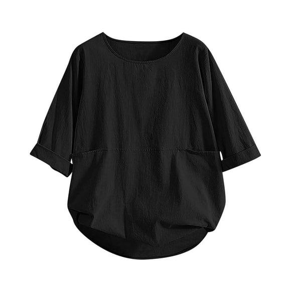 TODOZO Linen Shirts for Women Summer Tops for Women Linen Clothes for Women 2025 Womens Tops Casual Loose Fit Linen Shirt Women Boho Pleated Summer Shirts 3/4 Sleeve Round Neck Blouses Black L