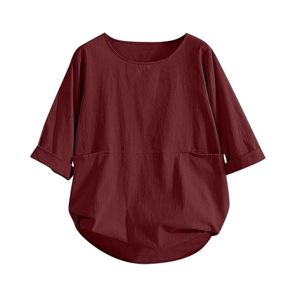 TODOZO Linen Shirts for Women Summer Tops for Women Linen Clothes for Women 2025 Womens Tops Casual Loose Fit Linen Shirt Women Boho Pleated Summer Shirts 3/4 Sleeve Round Neck Blouses Red L