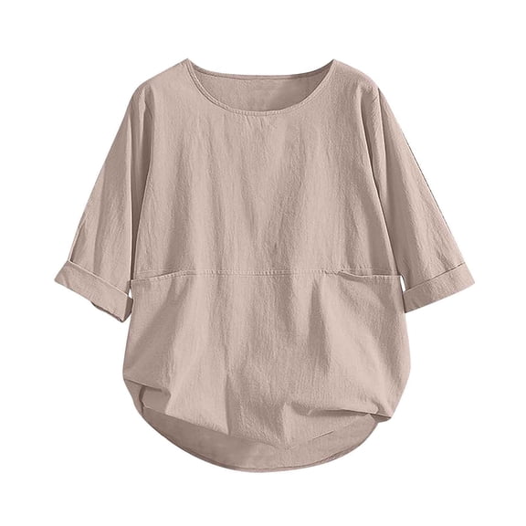 TODOZO Linen Shirts for Women Summer Tops for Women Linen Clothes for Women 2025 Womens Tops Casual Loose Fit Linen Shirt Women Boho Pleated Summer Shirts 3/4 Sleeve Round Neck Blouses Khaki Xxl