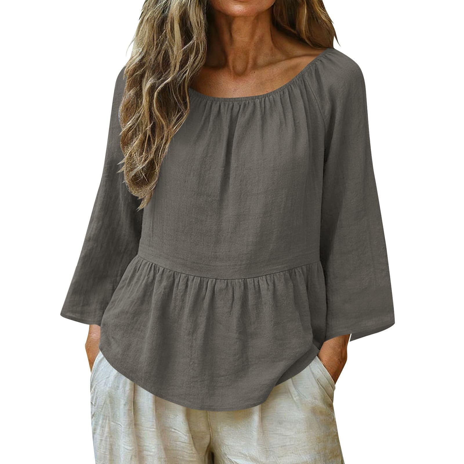 TODOZO Linen Shirts for Women Spring Trendy Long Sleeve V Neck Loose ...