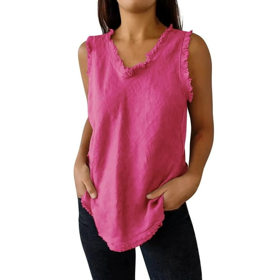 TODOZO Linen Sleeveless Tops for Women Summer Trendy Plain Ruffled V Neck Tank Shirts Casual Women's Sleeveless Ruffled V Neck Tops Summer Linen Tank Tops Solid Color Raw Edge Hem Camisoles