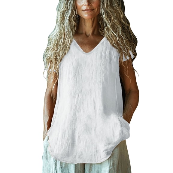 TODOZO Linen Tank Tops for Women Linen Clothes for Women 2025 Camisoles for Women Summer Tops for Women Baggy Cotton Linen Tops Stylish Print Blouse for Plus Size Long Sleeve V Neck T Shirt