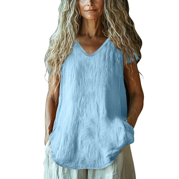 TODOZO Linen Tank Tops for Women Linen Clothes for Women 2025 Camisoles for Women Summer Tops for Women Baggy Cotton Linen Tops Stylish Print Blouse for Plus Size Long Sleeve V Neck T Shirt