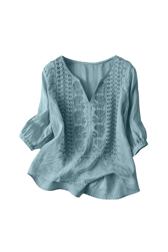 Linen Tops for Women Solid Color Pullover Shirts Loose Tunics Top Retro Embroidered 3/4 Sleeve Boho Tops Cotton Linen Tops Bohemian Tops V Neck Work Tees 3/4 Length Sleeve Shirts 3Xl
