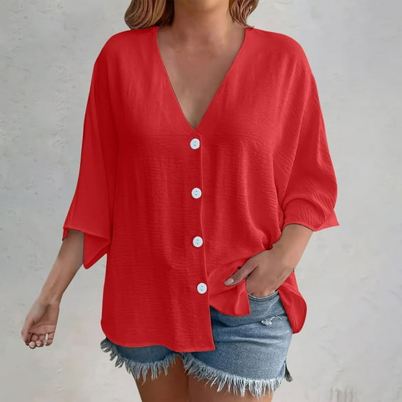 TODOZO Long Sleeve Shirts for Women Tunic Tops Casual Womens Summer Tops 3/4 Sleeve Blouses for Womens 2025 Summer V Neck Button Shirts Casual Plus Size Beach Tunic Tops Red Xl