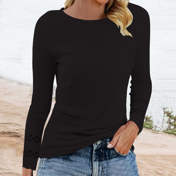 TODOZO Long Sleeve Shirts for Women Tunic Tops Casual Womens Summer Tops Women's Lace Long Sleeve Tops Crew Neck T Shirts Casual Ladies Fashion Outfits 2025 Black Xxl