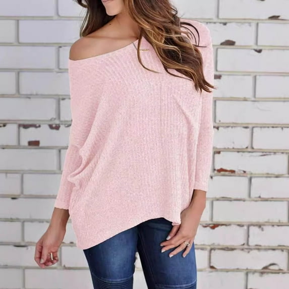 TODOZO Long Sleeve Shirts for Women Tunic Tops Casual Womens Summer Tops Womens Long Sleeve Knitted Sweaters Fall Basic Tees Off Shoulder Oversized Jumper Tops Loose Casual Blouse Tops Pink L