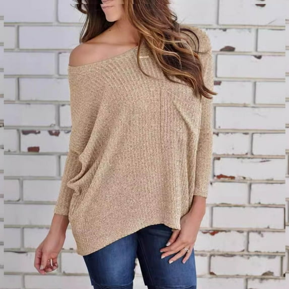 TODOZO Long Sleeve Shirts for Women Tunic Tops Casual Womens Summer Tops Womens Long Sleeve Knitted Sweaters Fall Basic Tees Off Shoulder Oversized Jumper Tops Loose Casual Blouse Tops Khaki 3Xl