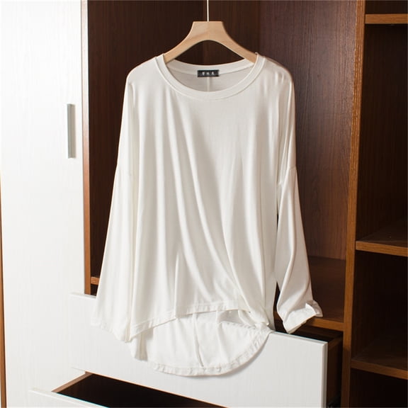 TODOZO Long Sleeve Shirts for Women Tunic Tops Loose Fit Shirts Solid Basic Tops Womens Summer Tops Women's Solid Color Loose Round Neck T Shirts for Spring and Autumn White Xxl