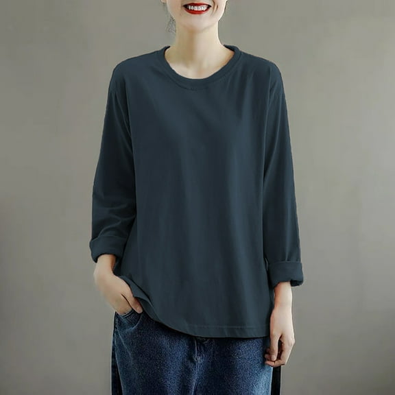 TODOZO Long Sleeve Shirts for Women Tunic Tops Casual Womens Summer Tops Large Size Casual Long Sleeved Base Shirt Loose T Shirt Grey L