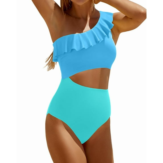TODOZO One Piece Swimsuit Women Tummy Control Swim Suits for Women 2025 Trendy Women Cutout Swimsuits One Shoulder Ruffle Cut Out Bathing Suit Swimwear Monokini 2025 Sky Blue Xxl
