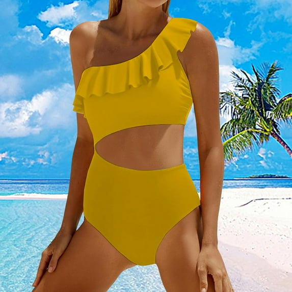 TODOZO One Piece Swimsuit Women Tummy Control Swim Suits for Women 2025 Trendy Women Cutout Swimsuits One Shoulder Ruffle Cut Out Bathing Suit Swimwear Monokini 2025 Gold Xxl