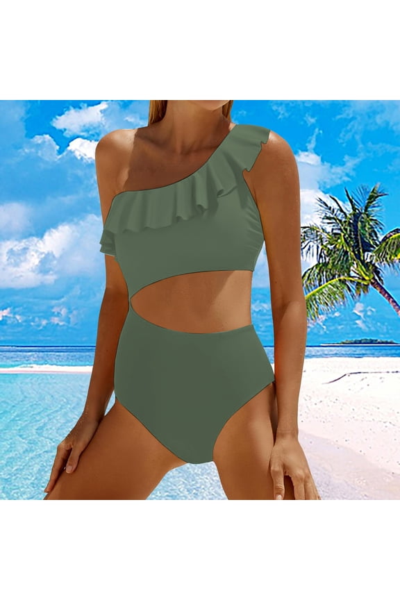 One Piece Swimsuit Women Tummy Control Swim Suits for Women 2025 Trendy Women Cutout Swimsuits One Shoulder Ruffle Cut Out Bathing Suit Swimwear Monokini 2025 Army Green Xxl