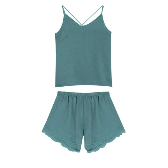 TODOZO Pajamas for Women Set 2 Piece Sets for Women Summer Lounge Sets for Women 2 Piece Outfits Satin Pajamas Women's Summer Short Sleeved Suspender Shorts Pajamas Suit Women's Home Clothes Green M