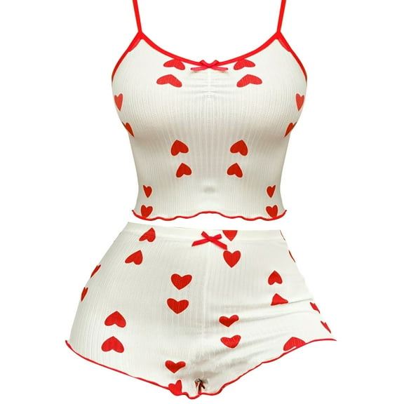 TODOZO Pajamas for Women Set 2 Piece Sets for Women Summer Lounge Sets for Women 2 Piece Outfits Strip Love Printed Suspender Shorts Pure Pajama Design Sweet Home Clothing Set Red M
