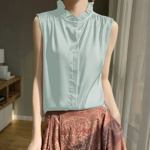 TODOZO Sleeveless Tops for Women Blouses for Women Dressy Casual Women's Black Lace Collar Sleeveless Solid Color Vest with A Smooth Satin Finish A Thin Work Shirt That Makes You Look Slimmer