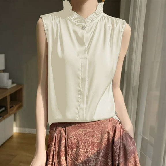 TODOZO Sleeveless Tops for Women Blouses for Women Dressy Casual Women's Black Lace Collar Sleeveless Solid Color Vest with A Smooth Satin Finish A Thin Work Shirt That Makes You Look Slimmer