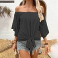 thumbnail image 1 of TODOZO Strapless Tops for Women Beach Vacation T Shirts Fashion Outfits Summer Tops for Women 2025 Off The Shoulder Tops Women Summer 3/4 Bell Sleeve Tie Knot Boho Shirt Blouses Black L, 1 of 4