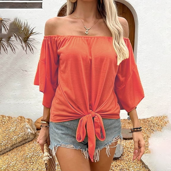 TODOZO Strapless Tops for Women Beach Vacation T Shirts Fashion Outfits Summer Tops for Women 2025 Off The Shoulder Tops Women Summer 3/4 Bell Sleeve Tie Knot Boho Shirt Blouses Red L