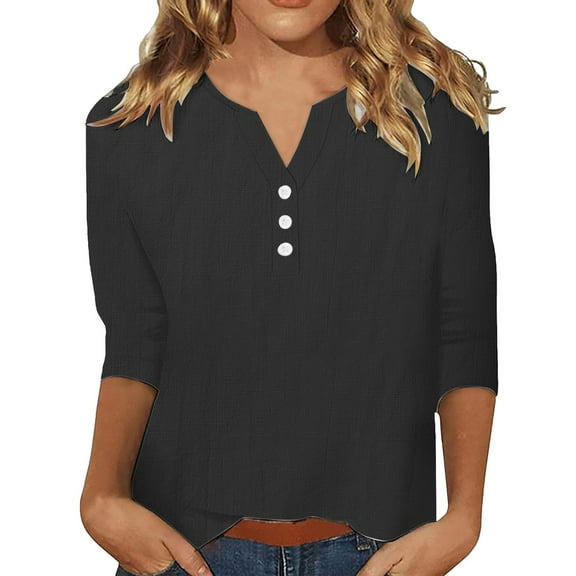 TODOZO Summer Tops for Women 2025 Button Down Shirts 3/4 Sleeve Henley Vneck Trendy Tops Spring Dressy Casual Shirt Clothes Summer Tops for Women 2025 Women Blouses Black Xxl