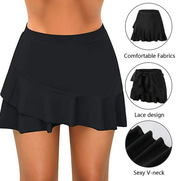 TODOZO Swim Skirts for Women Bikini Bottom Tankini Swim Skirt Pocket Short Beach Dress Swimwear Pants Solid Color Waistband Skort Bikini Bottom Beach Vacation Bathing Suit Black Xl