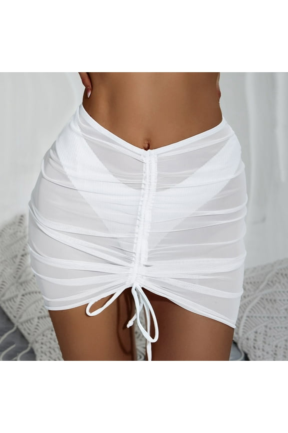 Swimsuit Coverup for Women Drawstring Ruched Sheer Swim Skirt Beach Mesh Bathing Suit Cover Ups Bikini Cover Up Women Beach Wrap Short Sarong Chiffon Swimsuit Solid Wrap Skirts