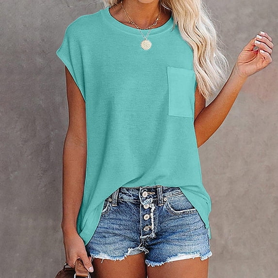 TODOZO T Shirts for Women Loose Fit Casual Lightweight Soft Basic Tees Summer Clothes for Women Loose Blouse Chest Women Casual Color Short Sleeve T Shirt Tops Pocket Solid Women's T Shirts Blue M