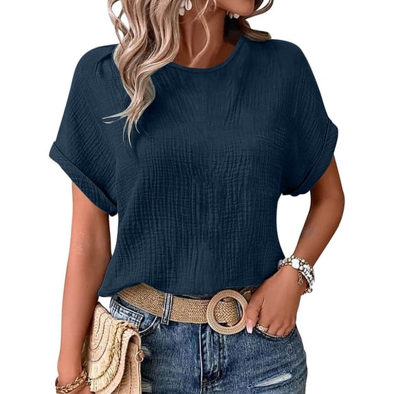 TODOZO T Shirts for Women Loose Fit Casual Lightweight Soft Basic Tees Summer Clothes for Women Women's Summer Solid Color Casual Loose Double Wrinkle Solid Color Round Neck Short Sleeved T Shirt