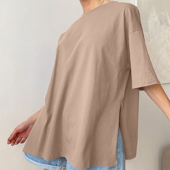 TODOZO T Shirts for Women Loose Fit Casual Lightweight Soft Basic Tees Summer Loose Slit Pure Cotton Short Sleeved T Shirt for Women Comfortable Round Neck Solid Color T Shirt