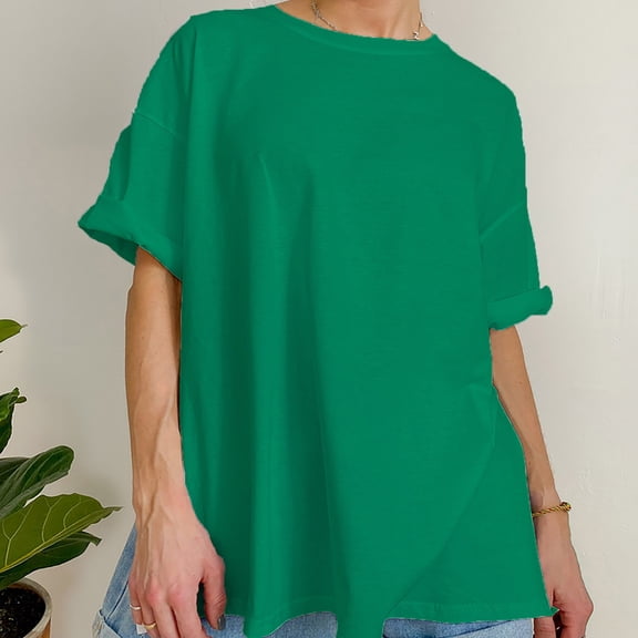 TODOZO T Shirts for Women Loose Fit Casual Lightweight Soft Basic Tees Summer Loose Slit Pure Cotton Short Sleeved T Shirt for Women Comfortable Round Neck Solid Color T Shirt