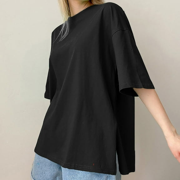 TODOZO T Shirts for Women Loose Fit Casual Lightweight Soft Basic Tees Summer Loose Slit Pure Cotton Short Sleeved T Shirt for Women Comfortable Round Neck Solid Color T Shirt