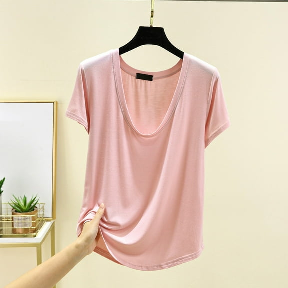 TODOZO T Shirts for Women Loose Fit Casual Lightweight Soft Basic Tees Summer Solid Color U Neck Short Sleeved Base Shirt Thin Style Can Be Worn Outside Loose Fit Top