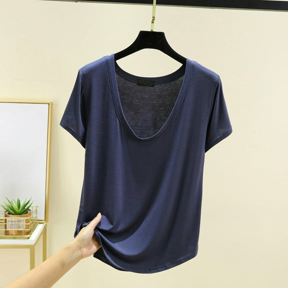 TODOZO T Shirts for Women Loose Fit Casual Lightweight Soft Basic Tees Summer Solid Color U Neck Short Sleeved Base Shirt Thin Style Can Be Worn Outside Loose Fit Top