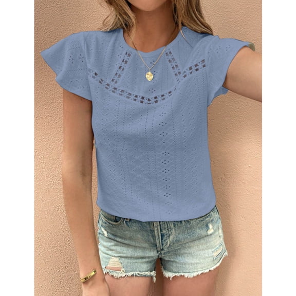 TODOZO T Shirts for Women Loose Fit Casual Lightweight Soft Basic Tees Women's 2025 Summer Fashion Solid Color Lace Hollow Round Neck Horn Short Sleeved T Shirt Short Sleeved T Shirt
