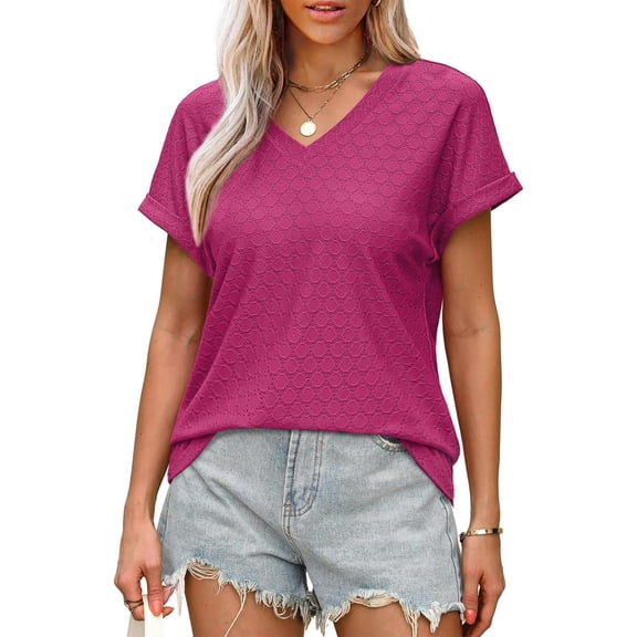 TODOZO T Shirts for Women Loose Fit Casual Lightweight Soft Basic Tees Womens Summer Tops Women Loose V Neck Short Sleeve Tops Casual Pure Color Lace Summer Shirts Blouse Hot Pink S