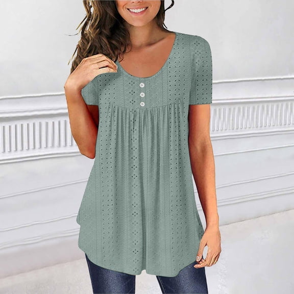TODOZO T Shirts for Women Loose Fit Casual Lightweight Soft Basic Tees Womens Summer Tops Women's Summer Round Neck Short Sleeved Pleated Button Irregular Loose Solid Color Ripped Hole T Shirt Top